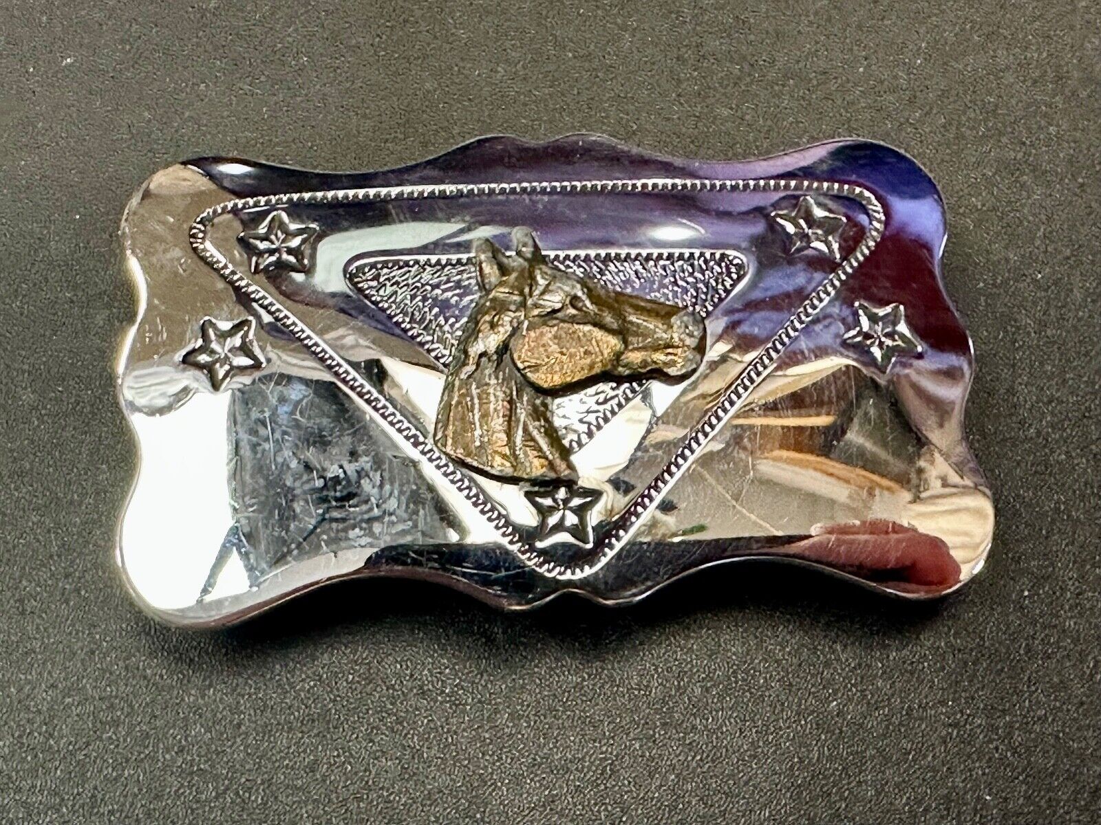 vintage horse head on reflective western silver tone rectangular belt buckle