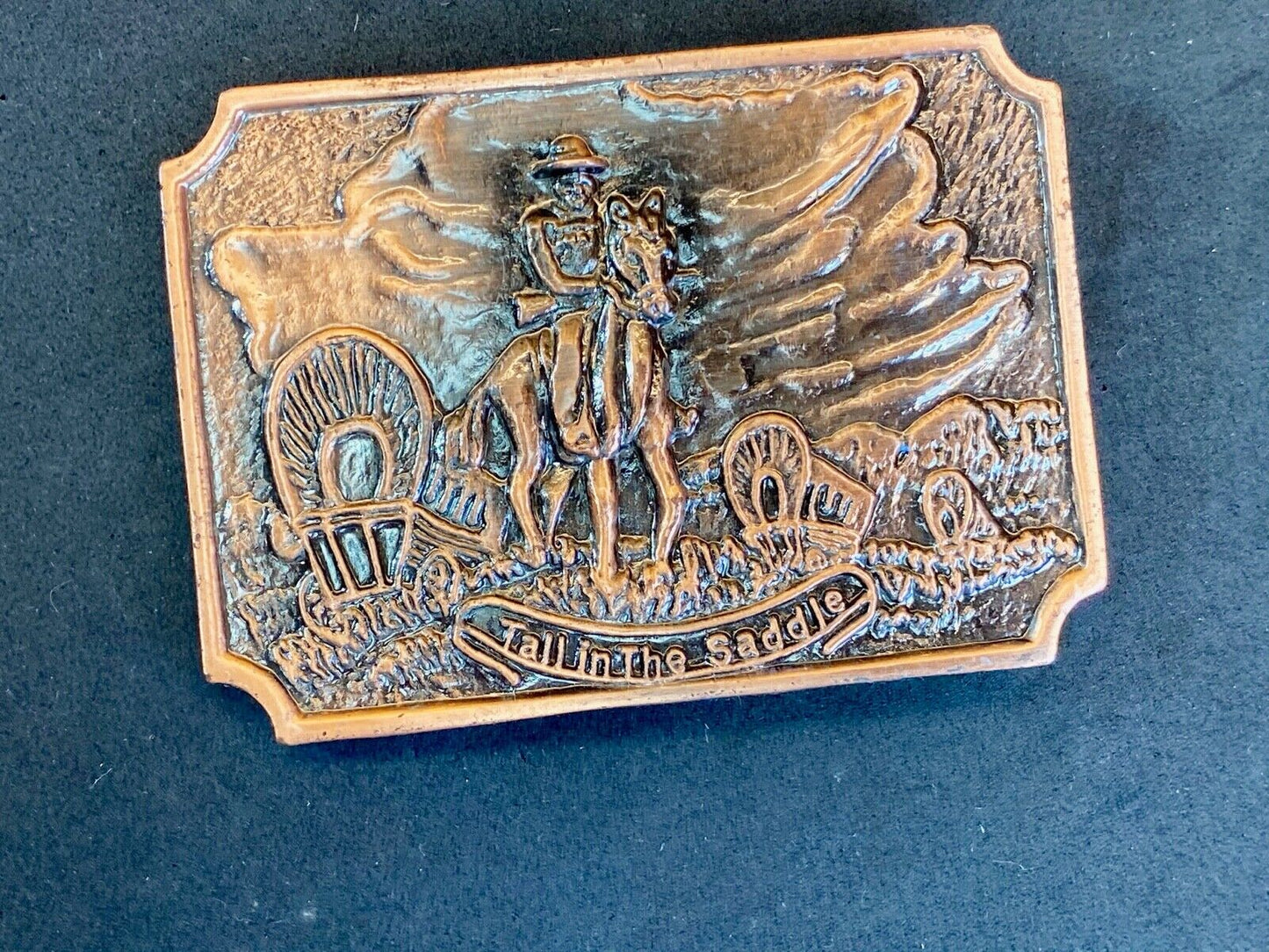 Tall In The Saddle Western Rodeo Cowboy On Trail With Covered Wagon Belt Buckle 