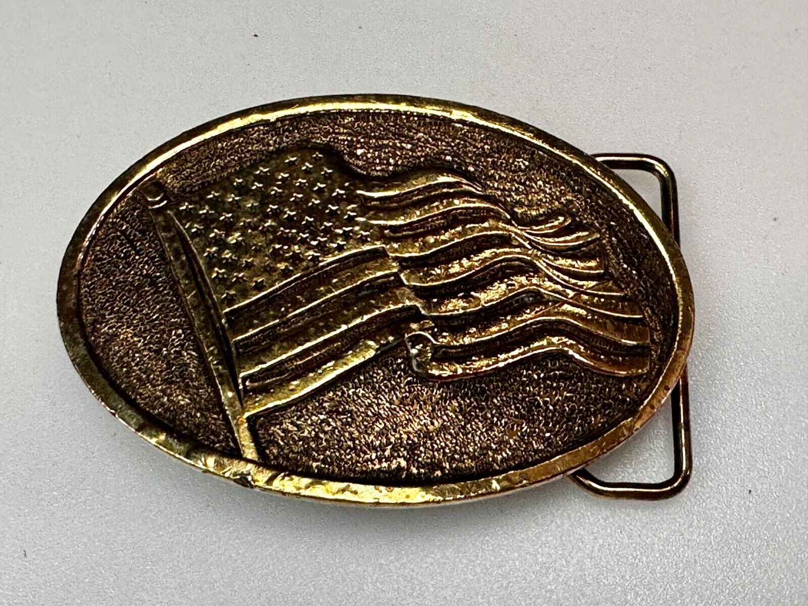 American Flag Patriotic Gold Tone Vintage Oval Belt Buckle by Adezy