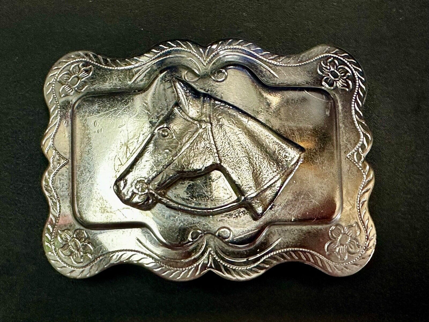 Vintage Horse Head Bust silver tone Floral Engraved Belt Buckle