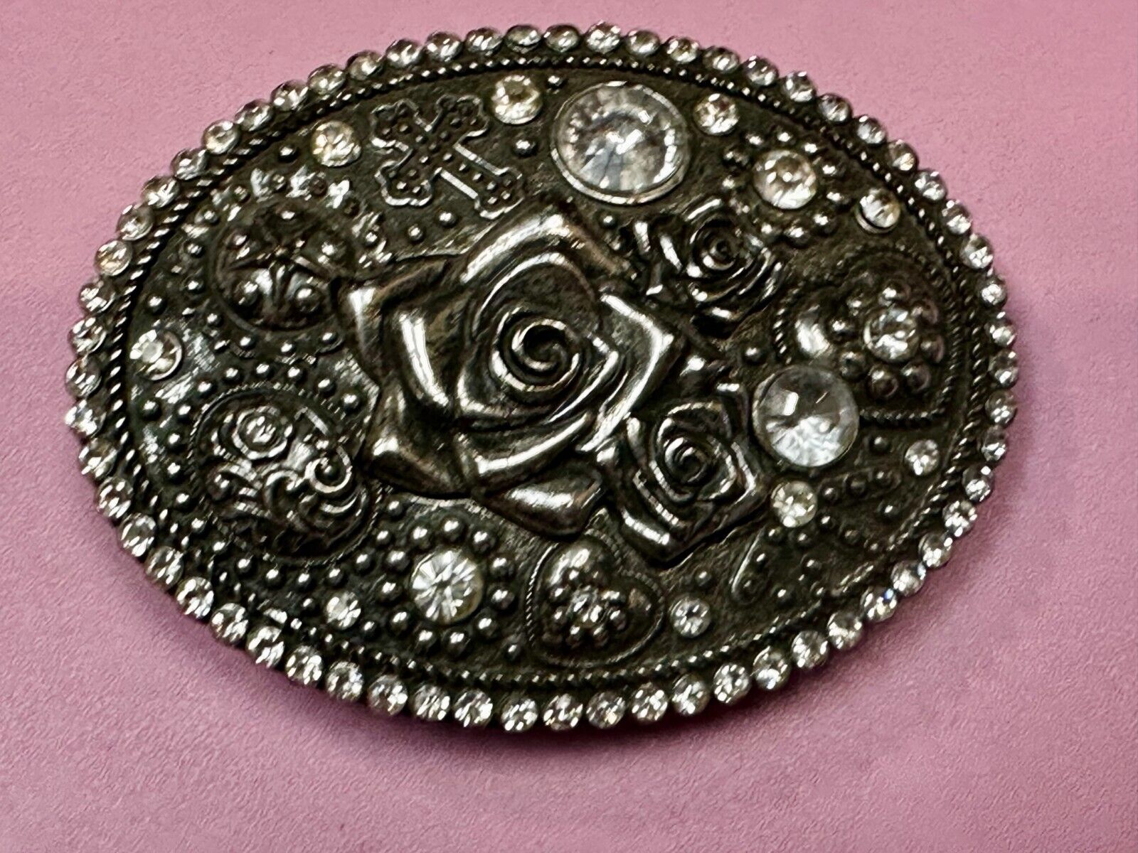 Unique Rose Flower With Rhinestone Accents And Boarder Beautiful Belt Buckle