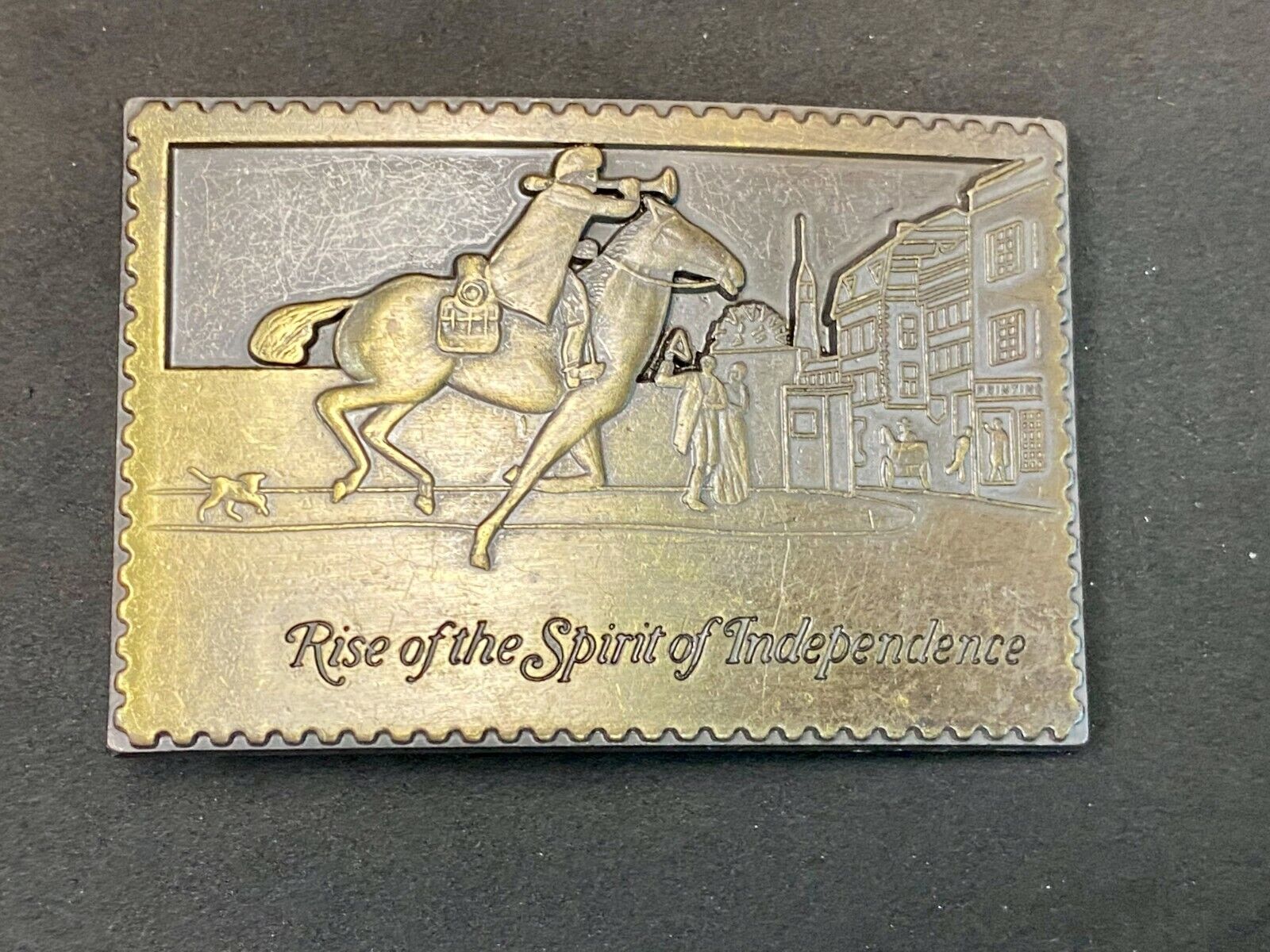 Vintage Cut Out Stamp Rise Of The Spirit Of Independence Horse Rider Belt Buckle