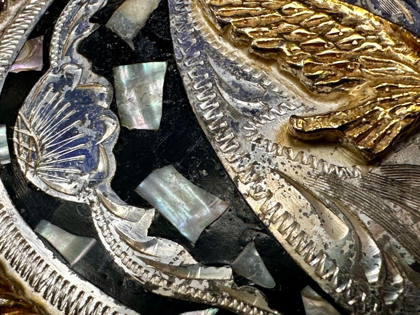 American Flying Hunting Eagle Abalone Shell Chunks Alpaca Mexico Belt Buckle