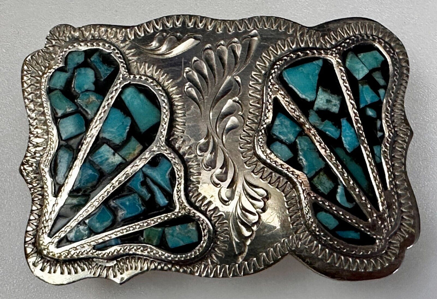 Turquoise Coral Stone Chip Inlay Hand Made Wil-Aren Western Jewelry Belt Buckle