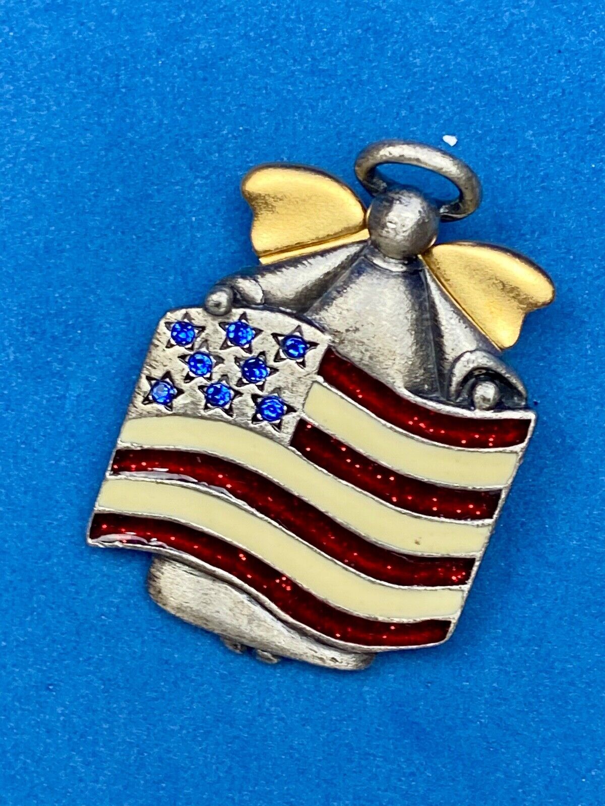 AJMC Signed Angel Holding Patriotic USA Flag Heart Brooch Pin