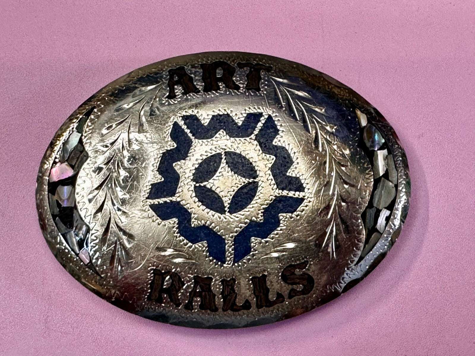 Art Ralls Abalone Shell Chip Inlaid Native American Indian Artisan Belt Buckle