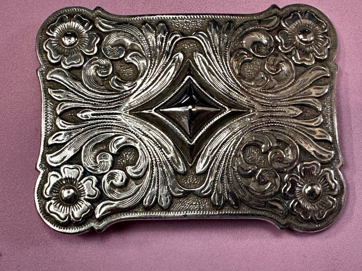 Vintage Ivan Brand Raised Diamond Center Flower Swirl Design Belt Buckle