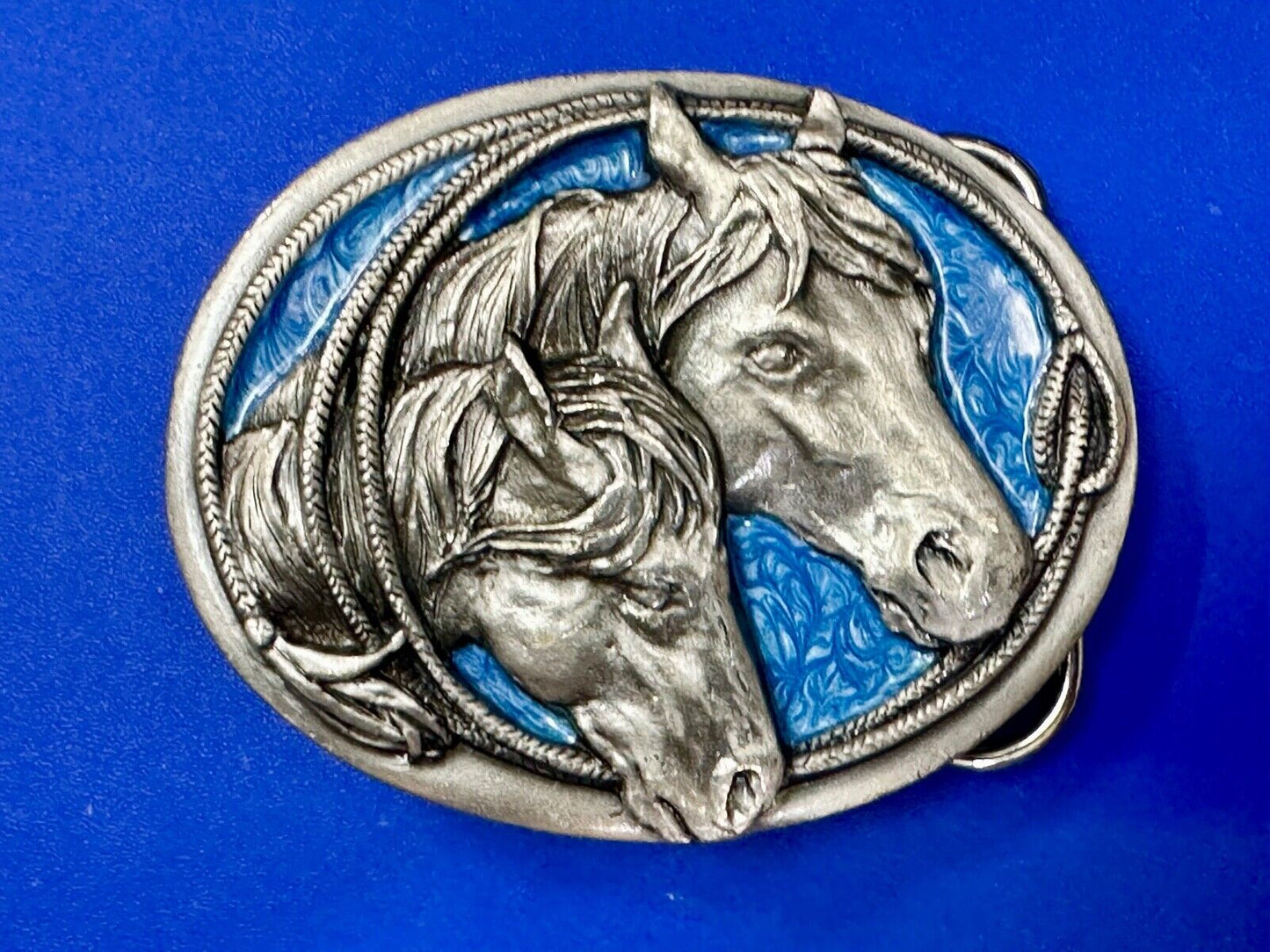 Two Horses - Vintage U-10 Siskiyou Blue Enamel Belt Buckle