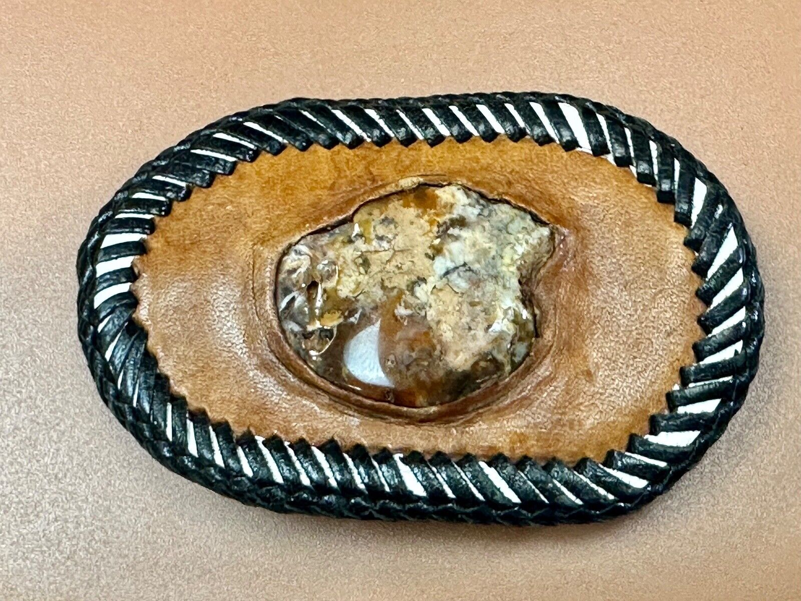 Vintage leather & stone? hand stitched belt buckle