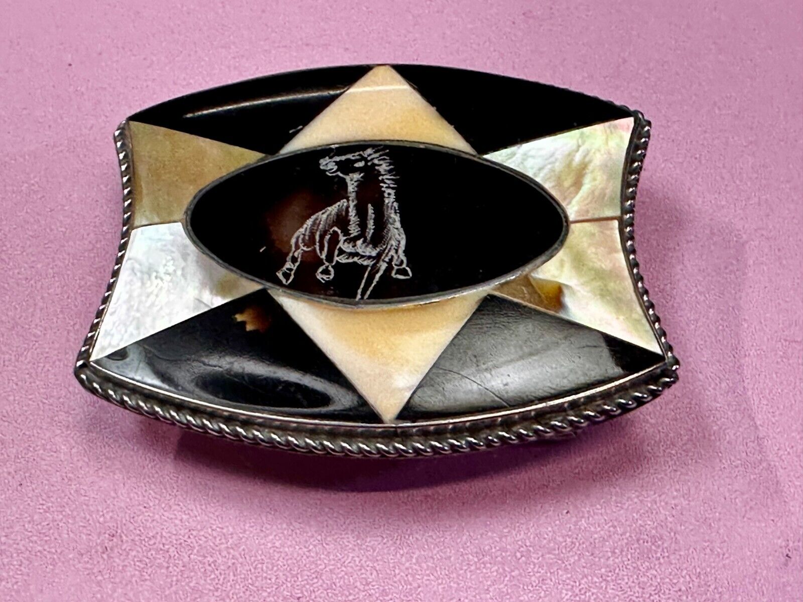 Antique Etched Bronco Mother of Pearl Inlay Artisan Silver? Belt Buckle