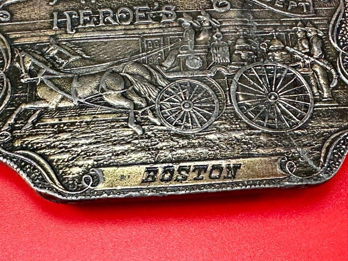America's Heroes Fire Dept Boston Brass Tone Belt Buckle Horse Wagon