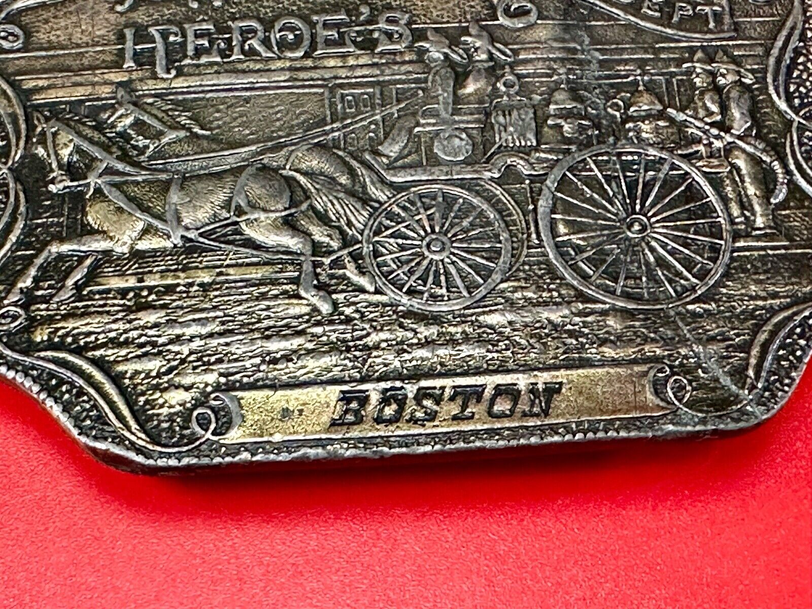 America's Heroes Fire Dept Boston Brass Tone Belt Buckle Horse Wagon