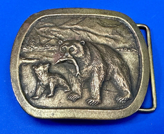 Black Bear with Cub learning to Fish vintage Indiana Metal Craft belt buckle