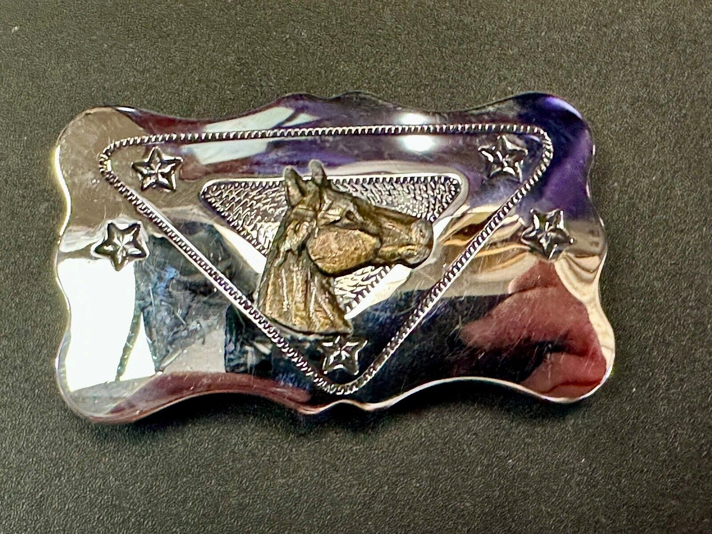 vintage horse head on reflective western silver tone rectangular belt buckle