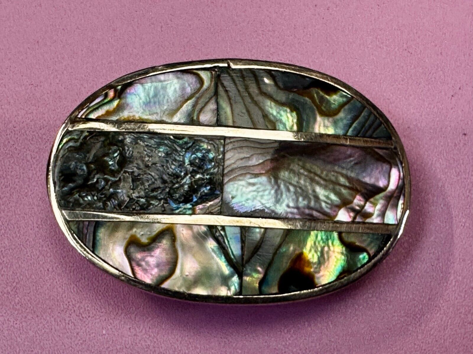 Artisan Natural Abalone Shell Vintage Oval Belt Buckle Marked Mexico