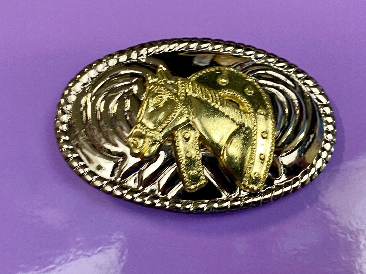 Vintage horse head through lucky horseshoe mixed metal western small belt buckle