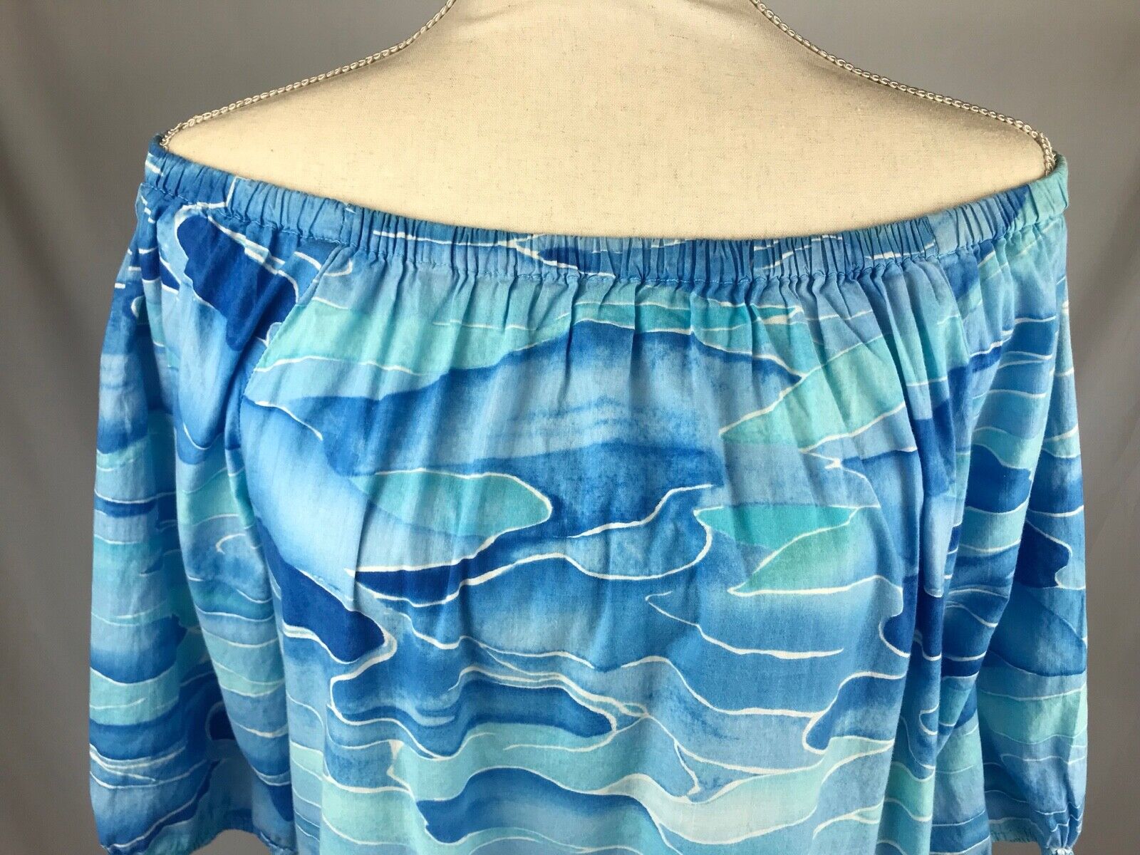 Anthropologie MERMAID Ocean Blue Waves Cover Up Shift Dress Off Shoulder S 