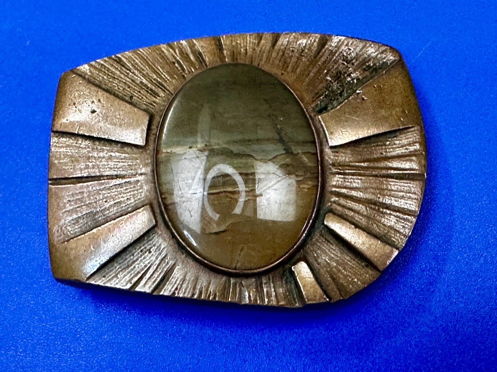 Art Deco Picture Jasper Cabochon Stone In Artisan Hippy Vibe Brass Belt Buckle