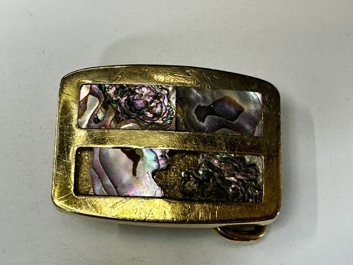 Alabone Shell  Inlay Hippy Boho Style Small Solid Brass Belt Buckle
