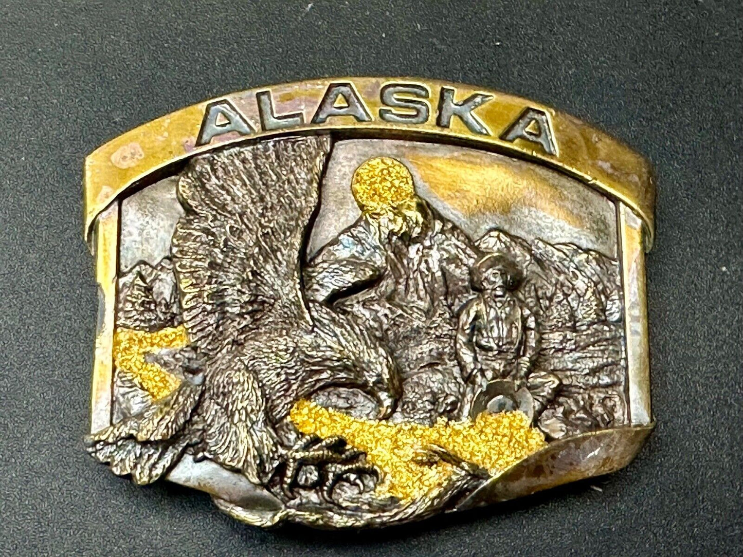 Alaska Gold Rush Mining Panning gold tone Vintage 1984 Siskiyou Belt Buckle