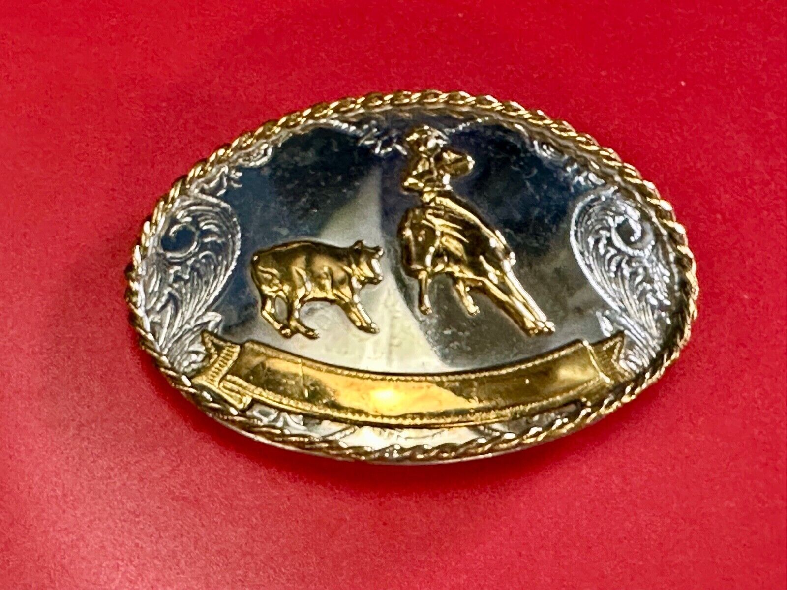 Vintage German Silver Rodeo Cowboy With Blank Award Trophy Ribbon belt buckle