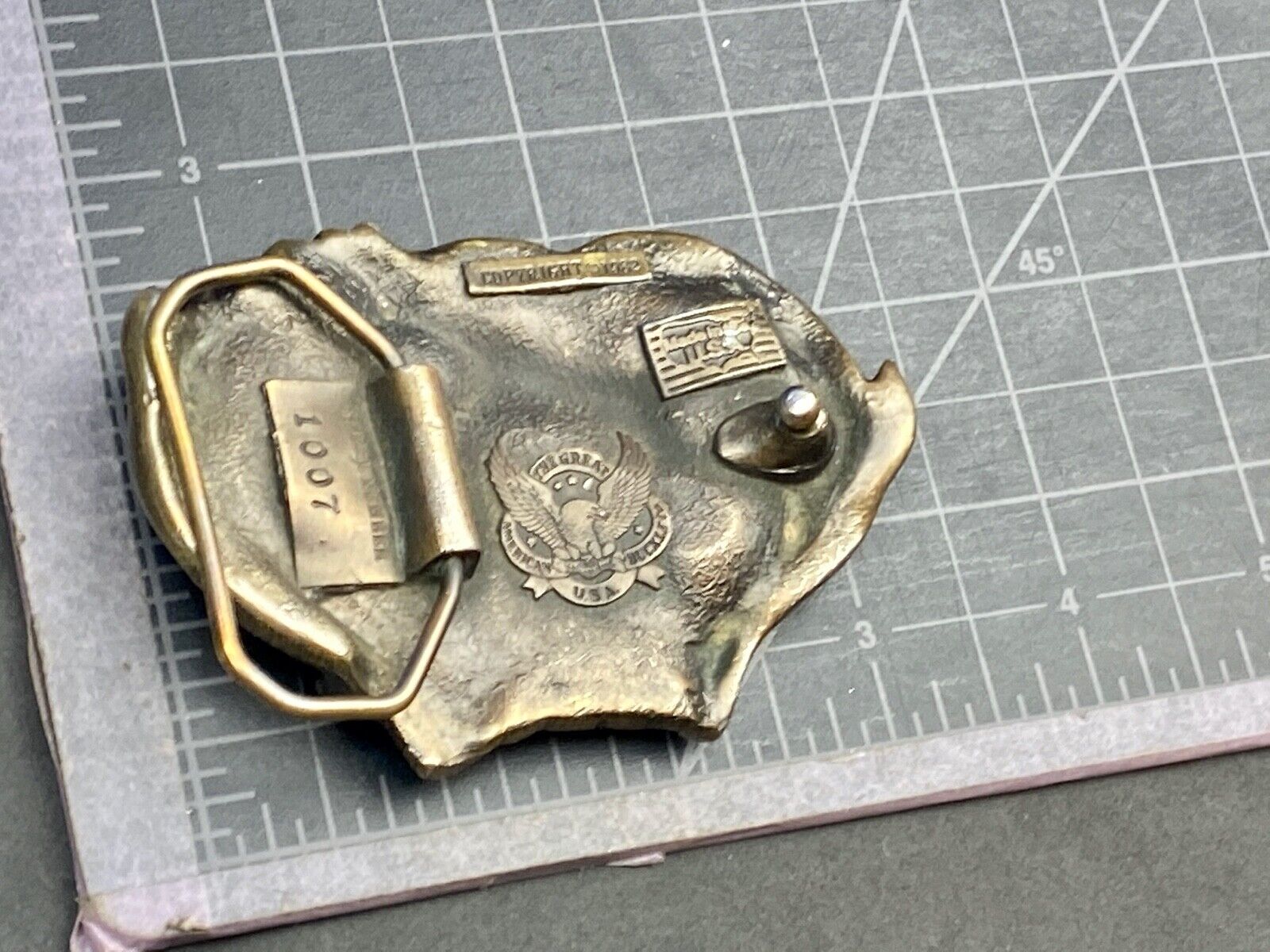 VINTAGE 1982 JUMPING DEER THROUGH ANTLERS - The Great American belt buckle Co. 