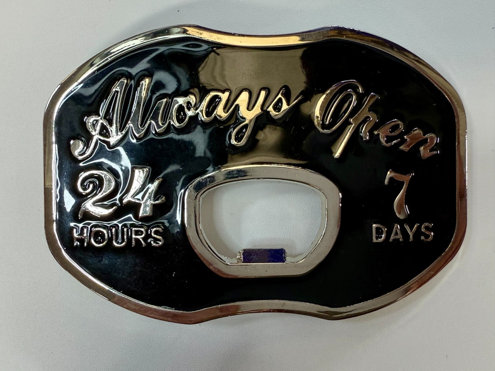 Always Open 24 Hours 7 Days Novelty Statement NOS Belt Buckle & Bottle Opener