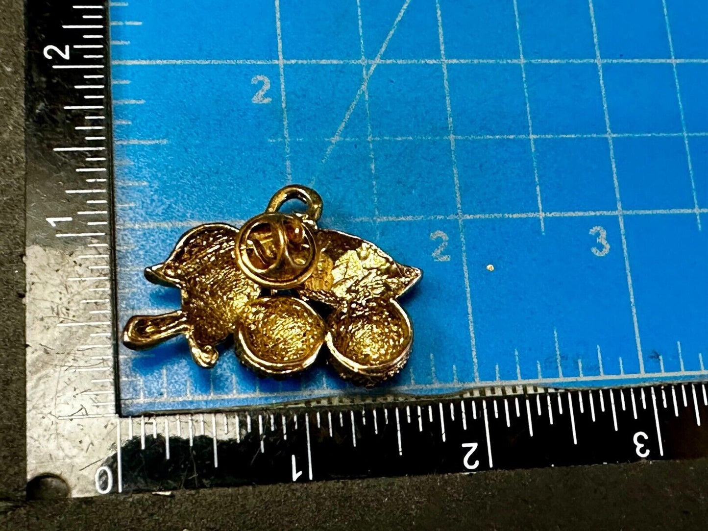 Two Cherries Cluster Fruits Vtg. Rhinestone Covered Figural Gold Tone Brooch Pin