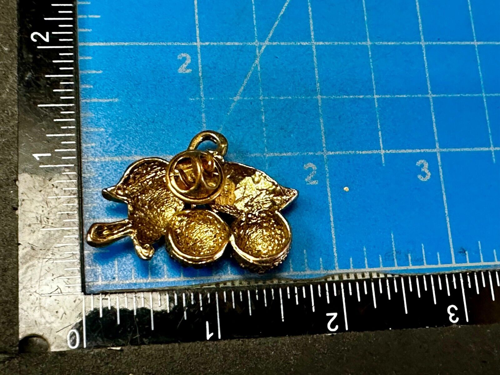 Two Cherries Cluster Fruits Vtg. Rhinestone Covered Figural Gold Tone Brooch Pin