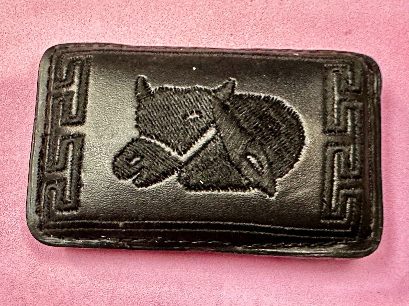 Vintage Horse Head On Black Leather Rectangular Belt Buckle