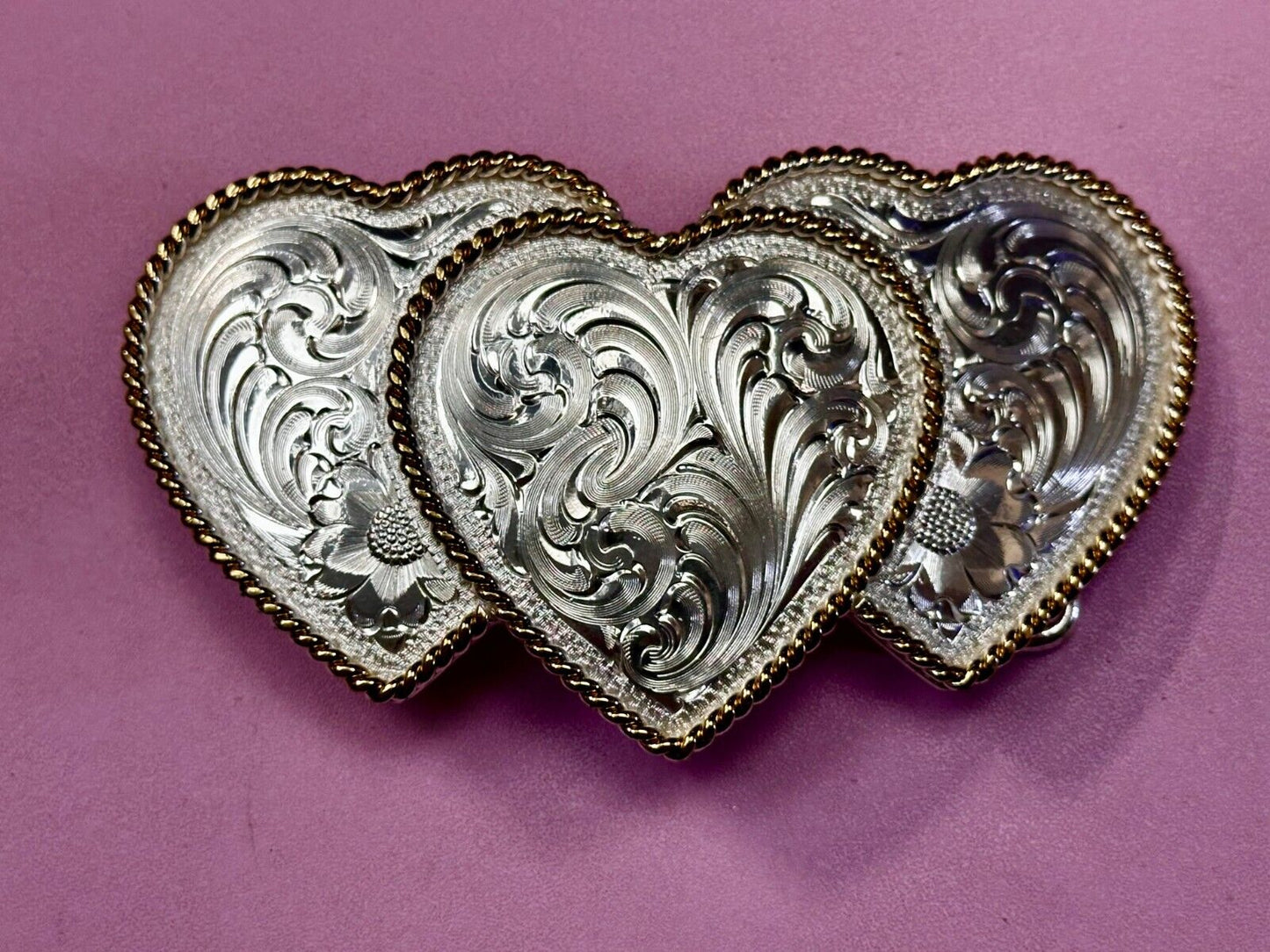 Triple 3 Hearts  Etched Floral Vintage Large Montana Silversmiths Belt Buckle
