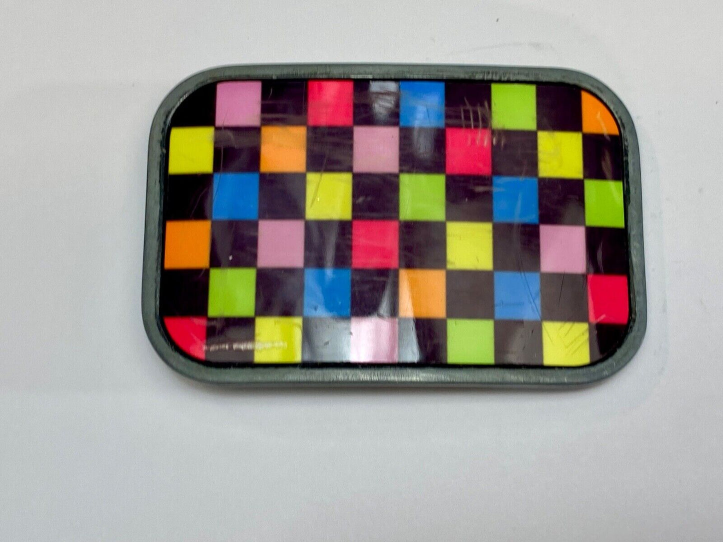 Vintage 80s Style Neon Checkerboard Pattern Black Yellow Pink Blue Belt Buckle