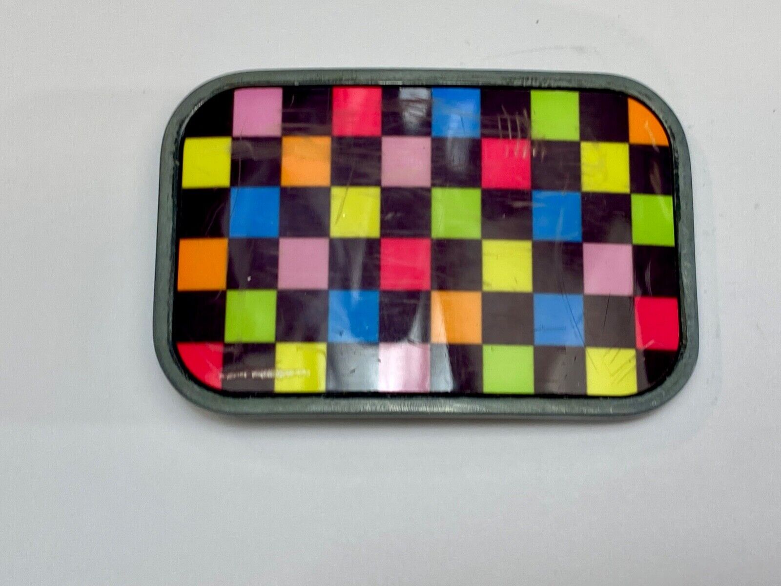 Vintage 80s Style Neon Checkerboard Pattern Black Yellow Pink Blue Belt Buckle