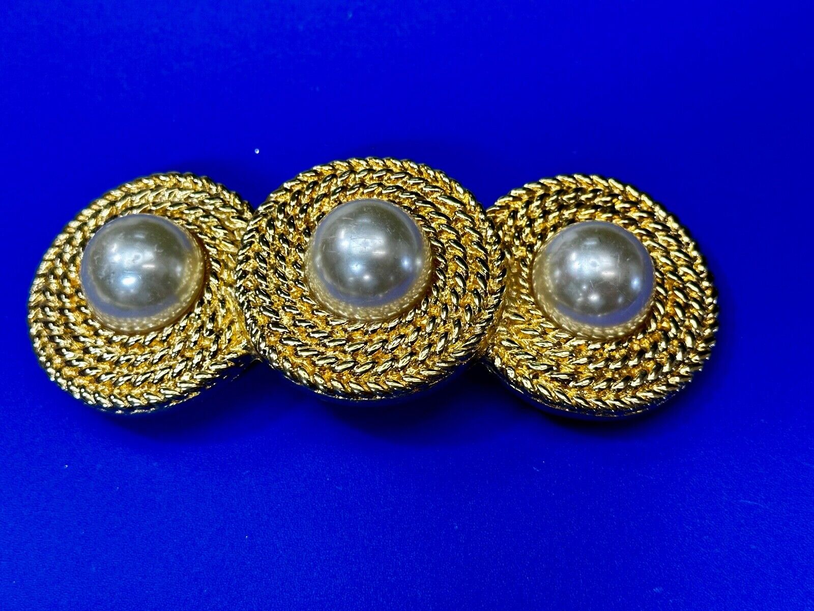 Three Round Faux Pearl's HUGE Statement Large Gold Tone Vintage Belt Buckle