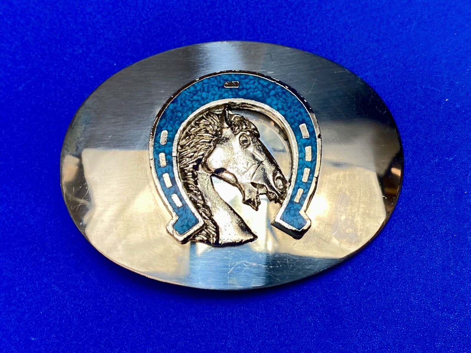 Vintage Horse head in Turquoise chip inlaid Horseshoe reflective belt buckle