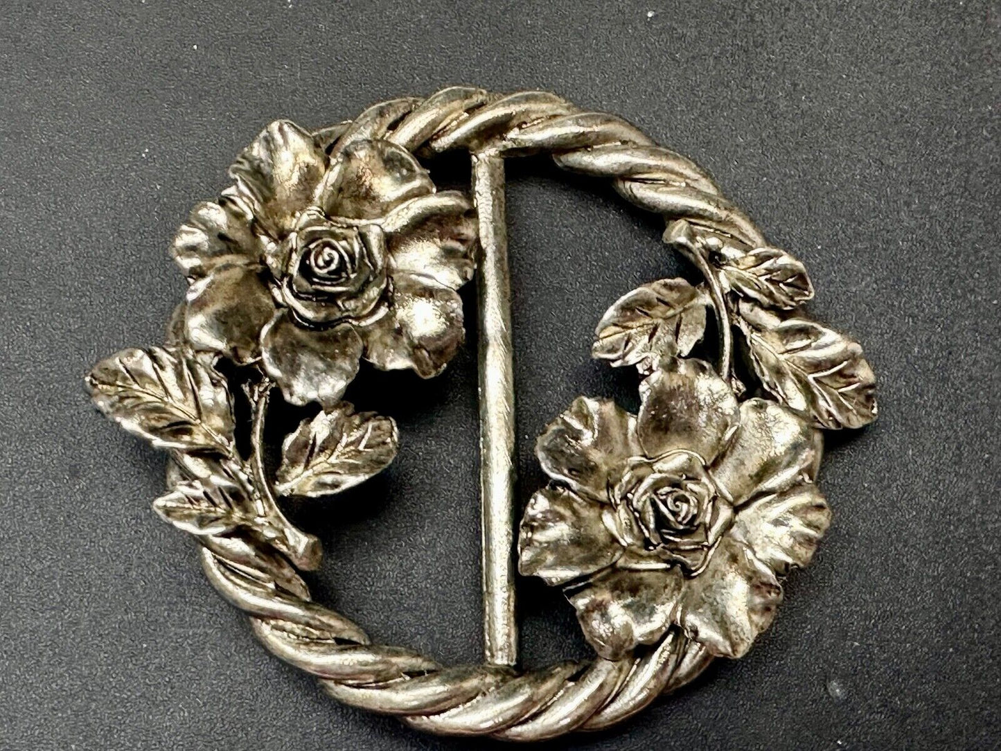 Antique Feel, Flower Figural Scarf slide Twisted rope pattern vtg.  Belt Buckle