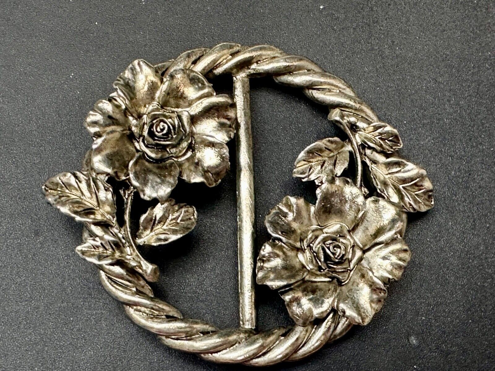 Antique Feel, Flower Figural Scarf slide Twisted rope pattern vtg.  Belt Buckle