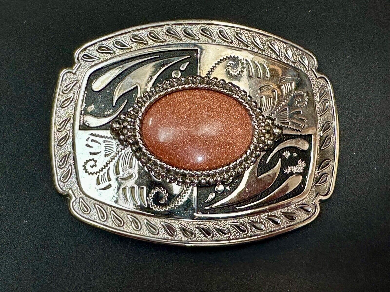 Vintage Goldstone Cabochon Cab Stone Centerpiece on Western Belt Buckle