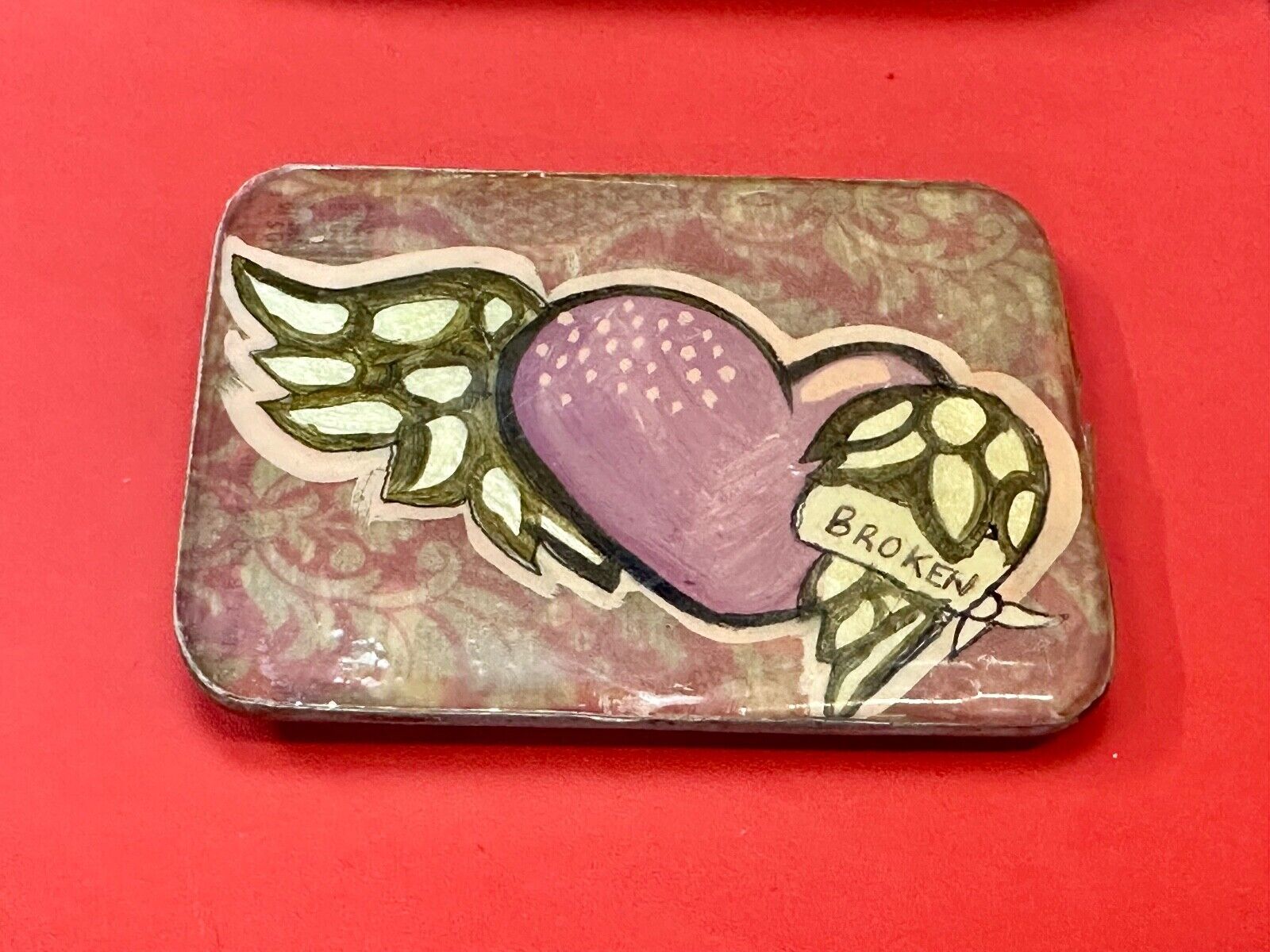 Vintage HEART with wings Mexican Collage belt buckle by artisan Nikki Zabicki