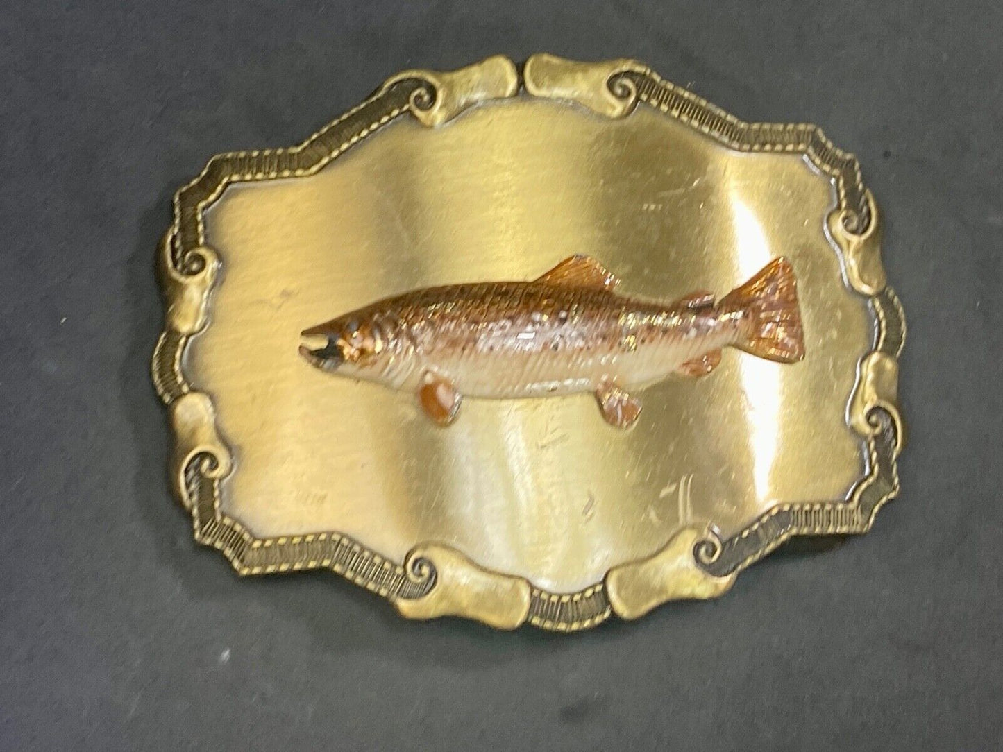Vintage 1970'S Western Framed Trout Fish Fishing Rraintree Belt Buckle 