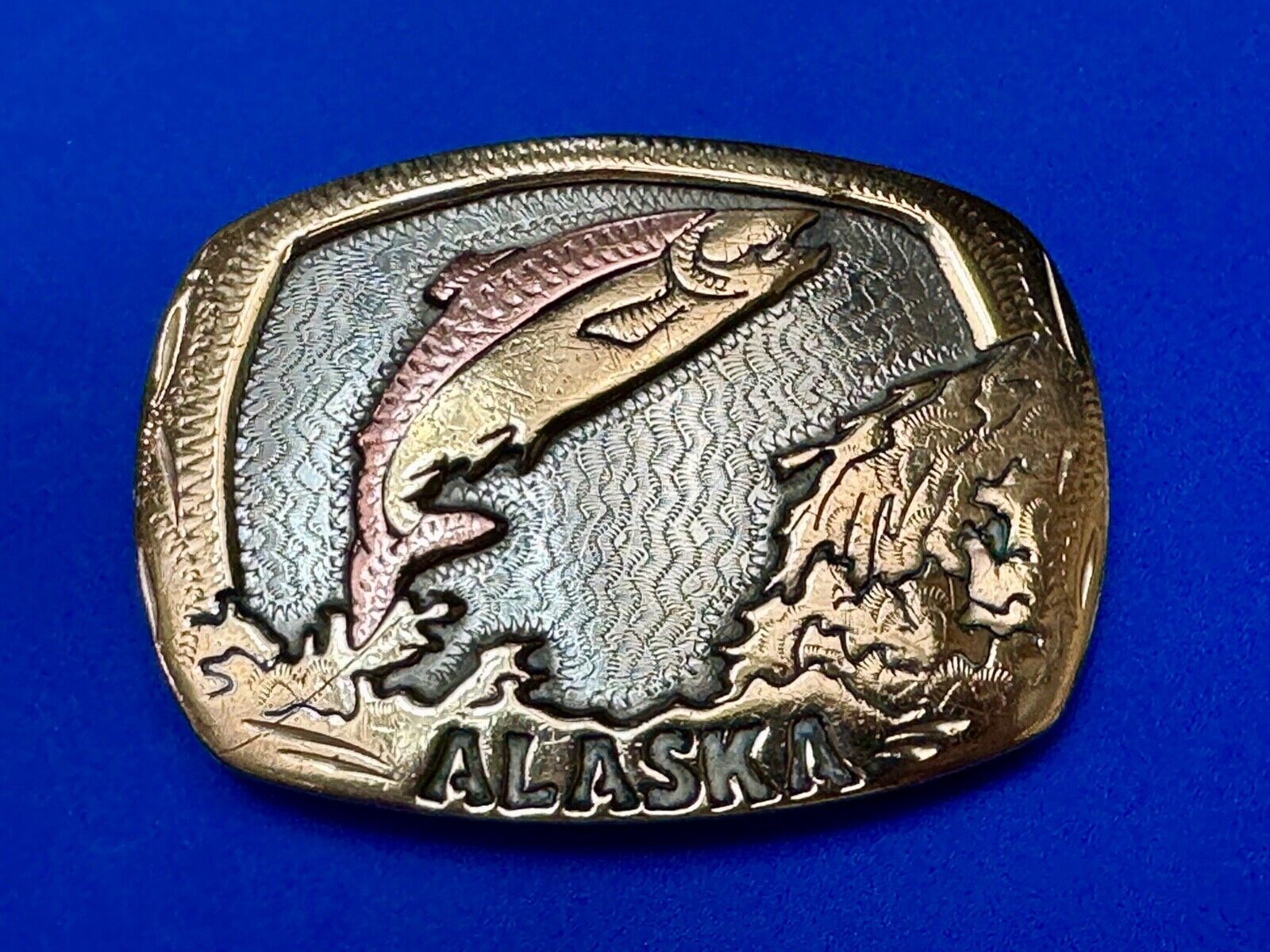 Vintage  Alaska Fish Trout western two tone belt buckle Handcrafted in the USA