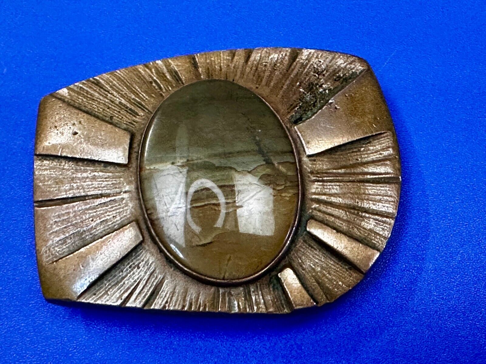 Art Deco Picture Jasper Cabochon Stone In Artisan Hippy Vibe Brass Belt Buckle