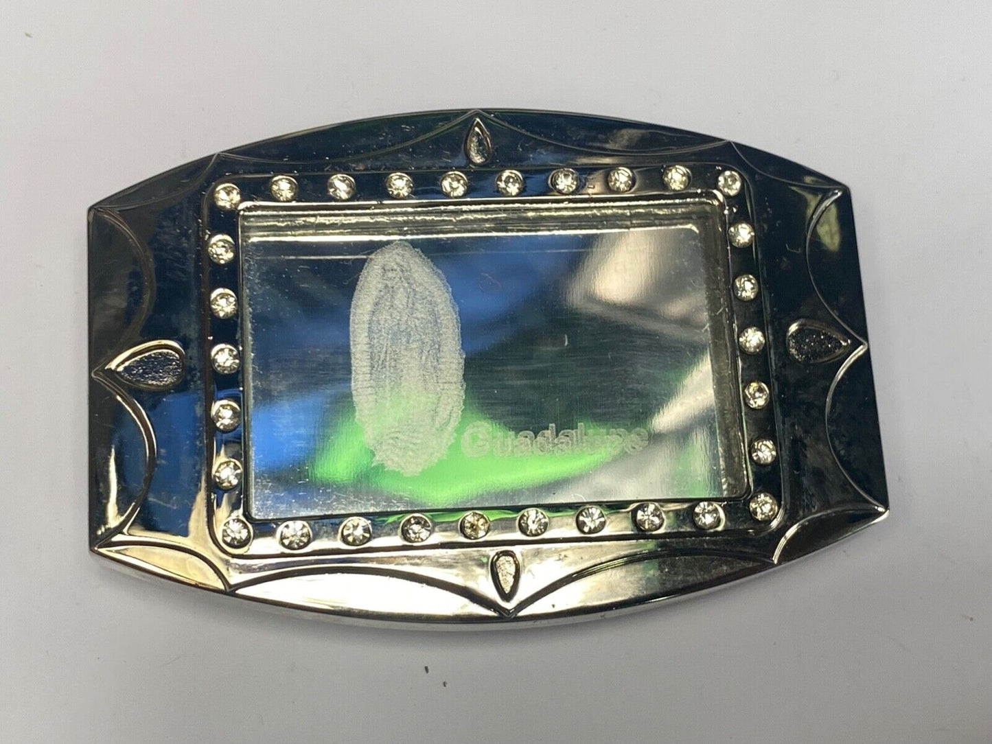 unique Mirrored Guadalupe with rhinestones silver color Hologram belt buckle
