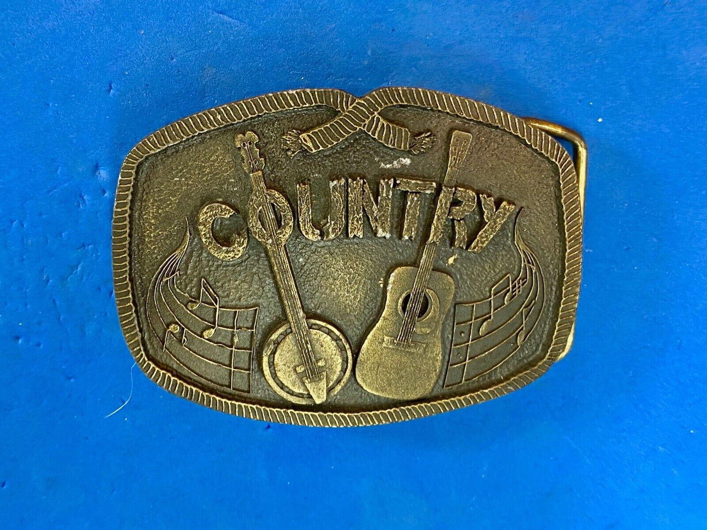 Vintage 1976  Brass Tone Country Music Belt Buckle Banjo And Acoustic Guitar 