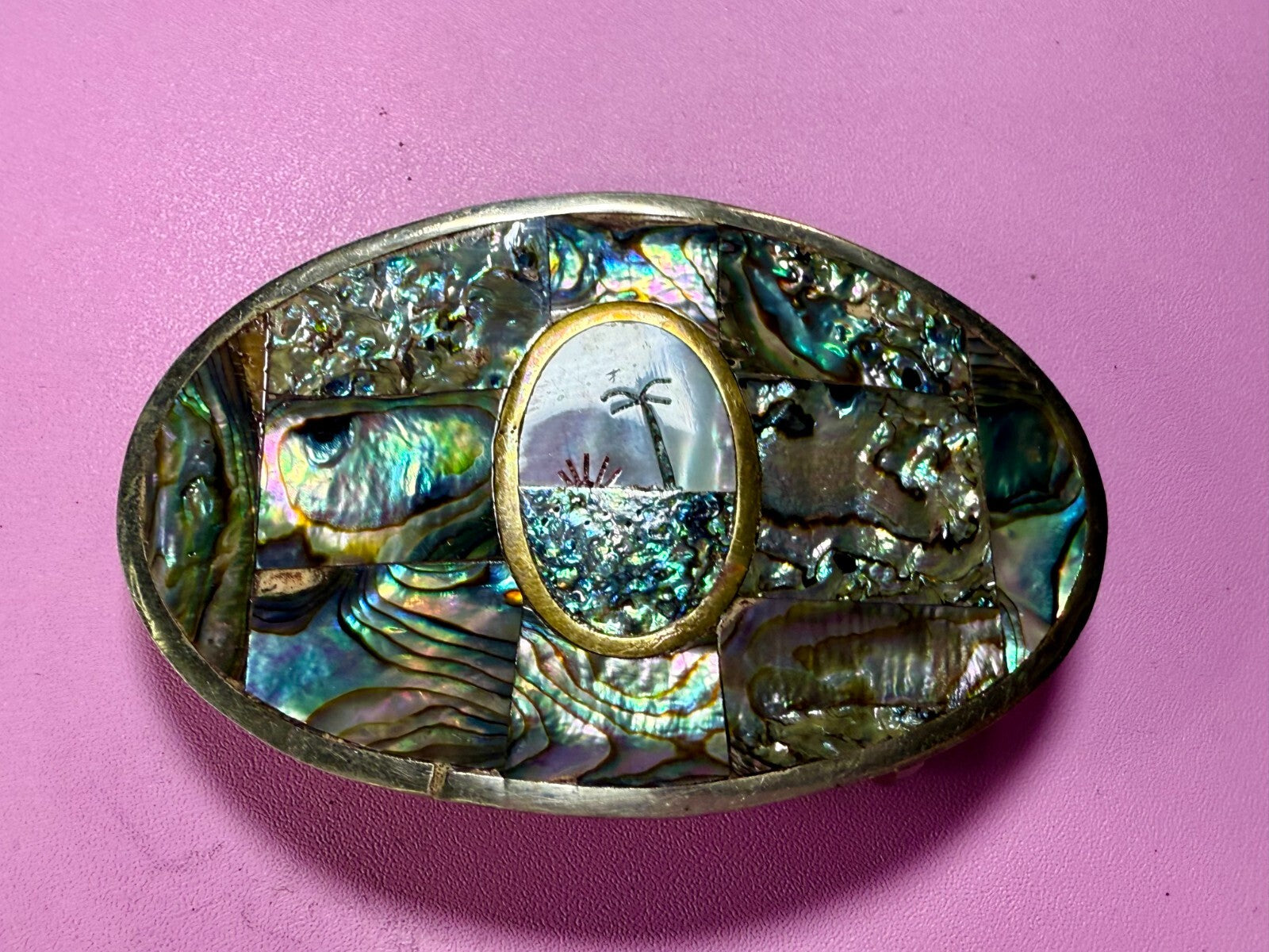 Abalone Shell Mother of Pearl Inlay Beach Scene Belt Buckle Hencho en Mexico