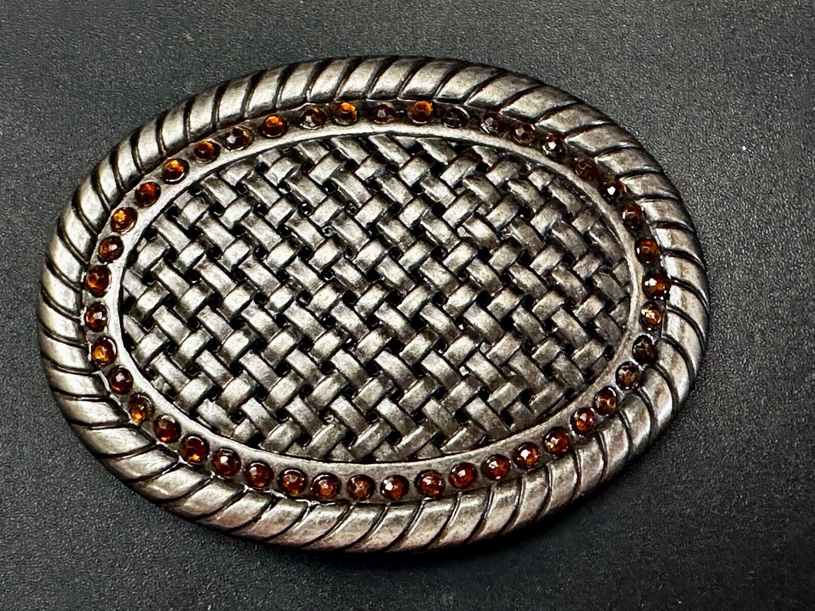 Basket Weave Design Rhinestone Border Vintage Metal Oval Belt Buckle