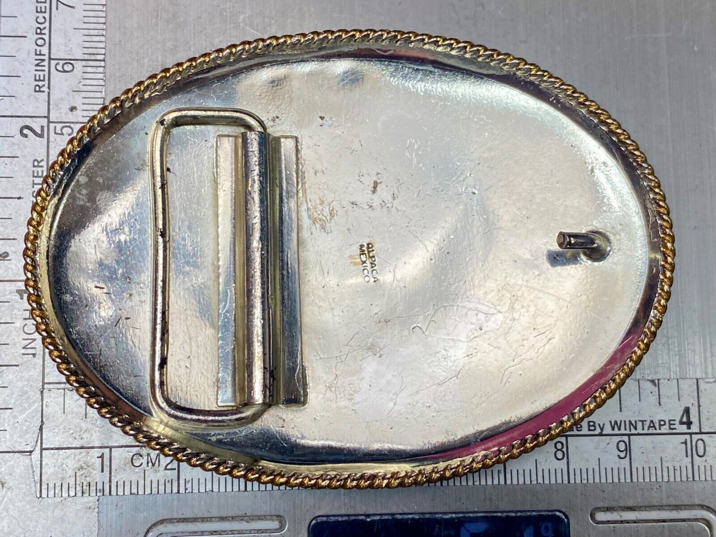 Vintage Horse w/ award ribbon scroll Alpaca Mexico Stamped western belt buckle