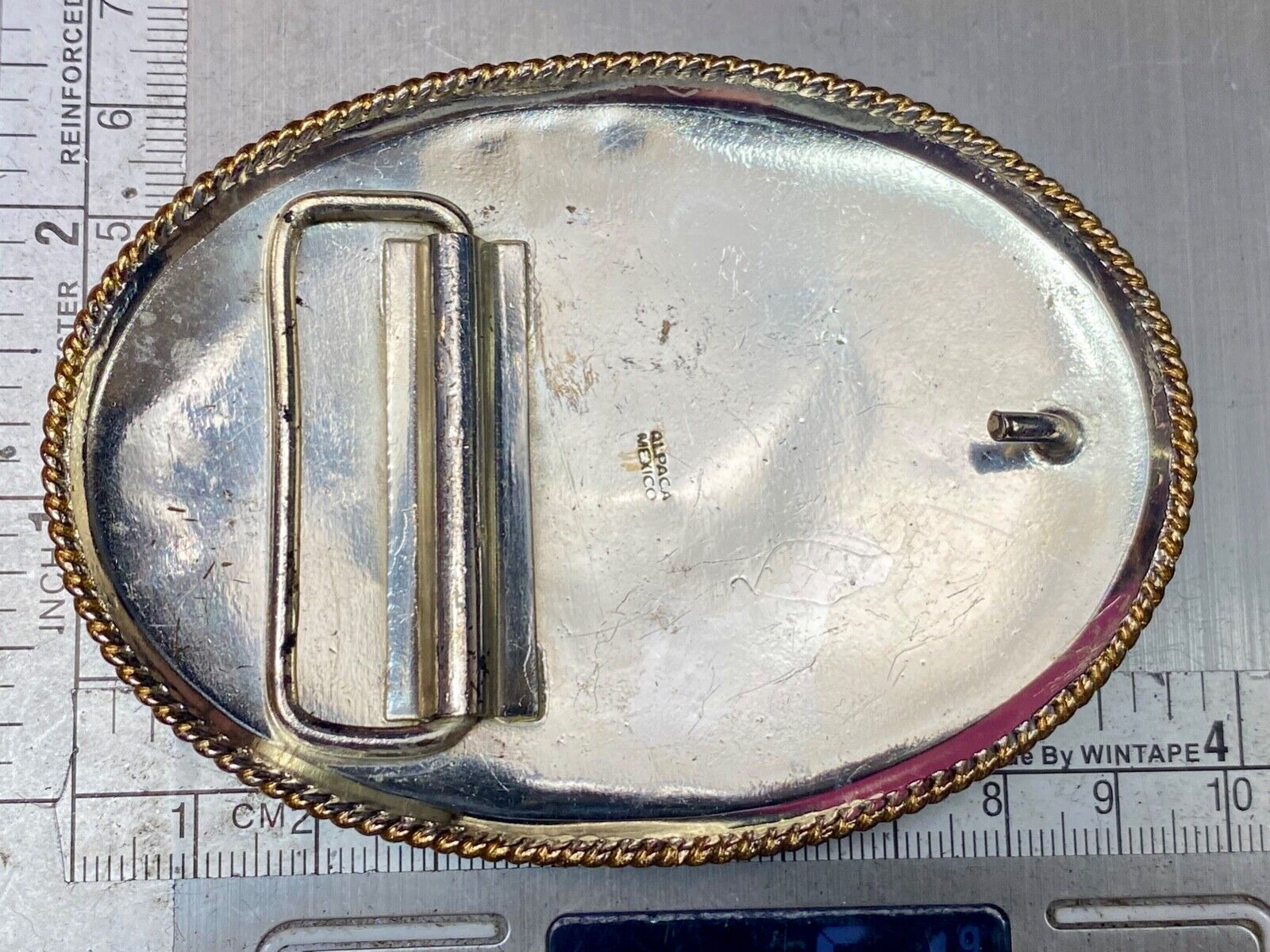 Vintage Horse w/ award ribbon scroll Alpaca Mexico Stamped western belt buckle