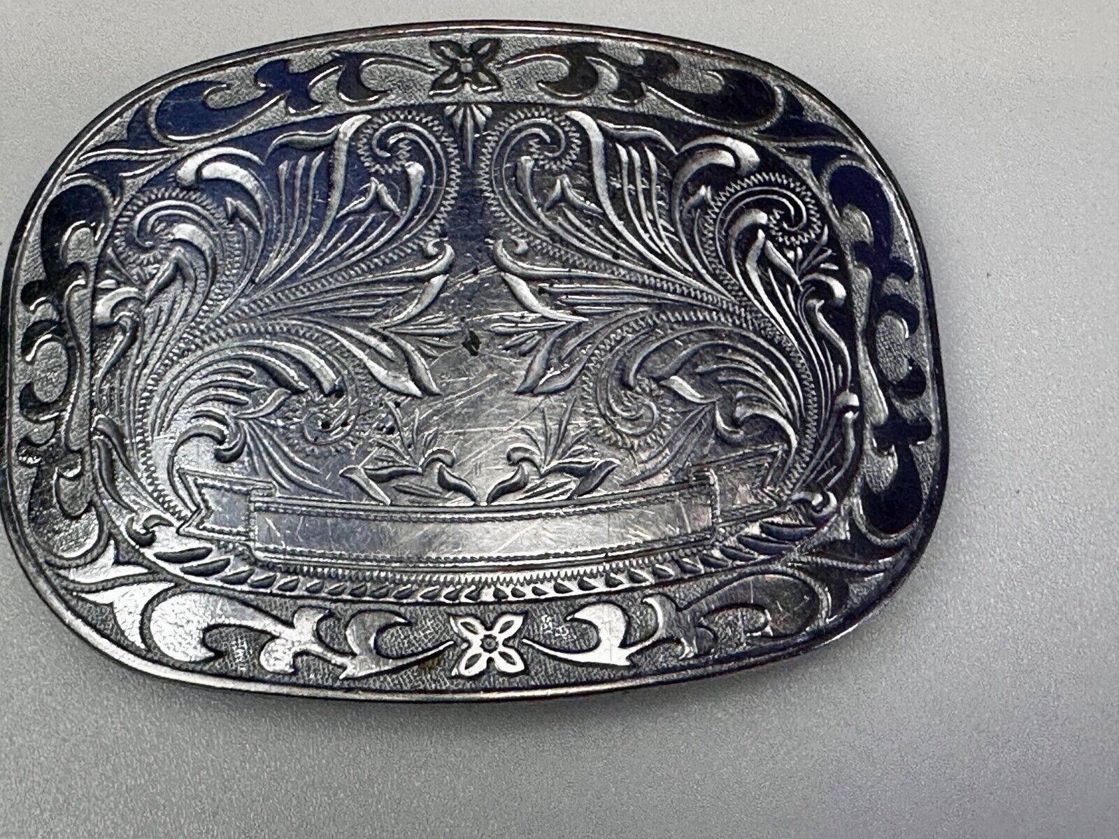 Award Ribbon Scroll To Engrave Western Flower Swirl Design Vintage Belt Buckle