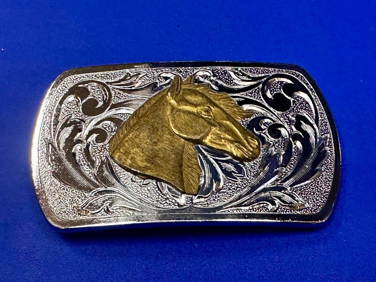 Two Tone Horse Head Vintage Western Flower Swirl Design Belt Buckle